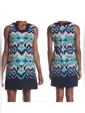Gabby Skye Mod Psychedelic U Neckline Sleeveless Shift Dress Pink Lime Size 12